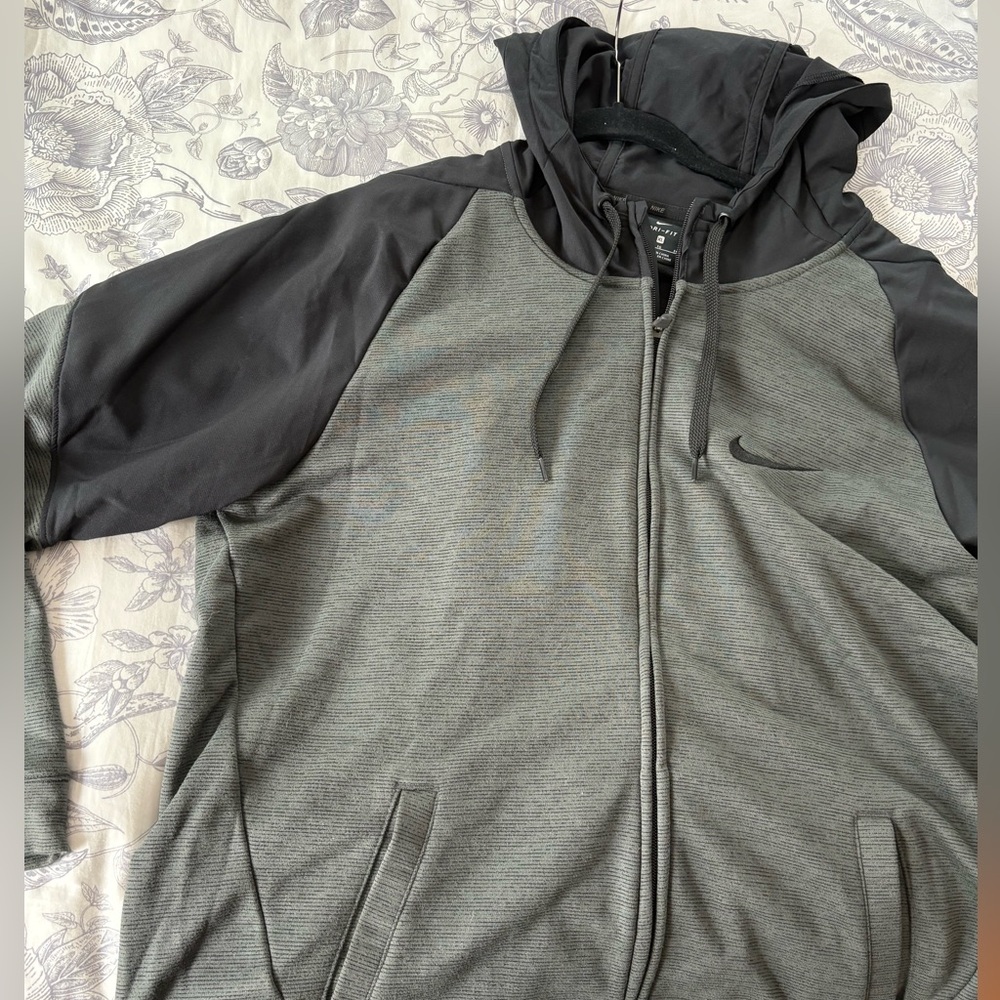 Nike Men's Dri Fit Charcoal and Black Hoodie